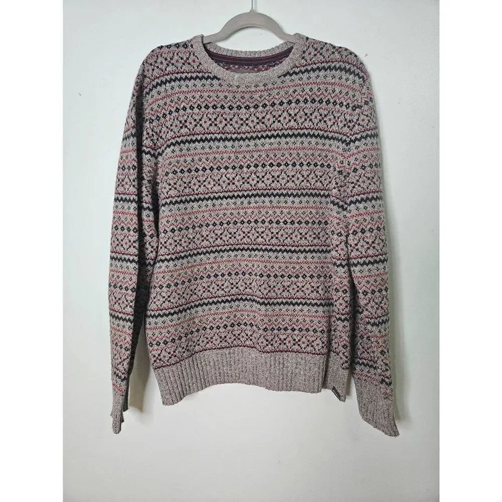 Eddie Bauer mens crew neck gray/ navy/red wool blend sweater. Size L.